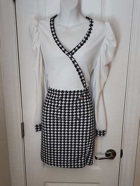 White Top with Black Houndstooth Trim and Matching Houndstooth Skirt